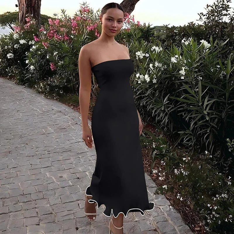 Frill Trim Tube Midi Dress