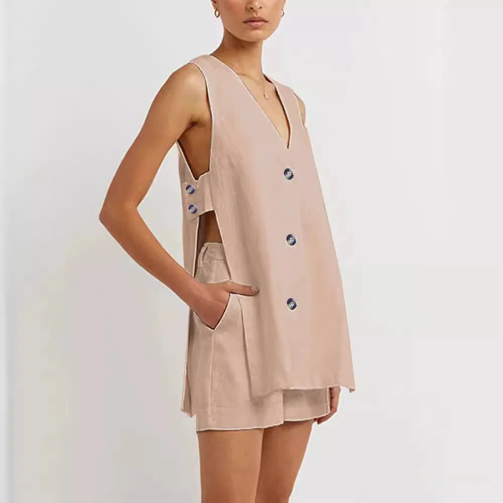 Cotton V Neck Buttons Solid Vest and Shorts Suits
