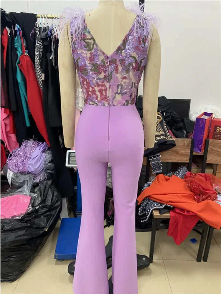 Women Sleeveless Sequins Feathers Lavender Jumpsuit