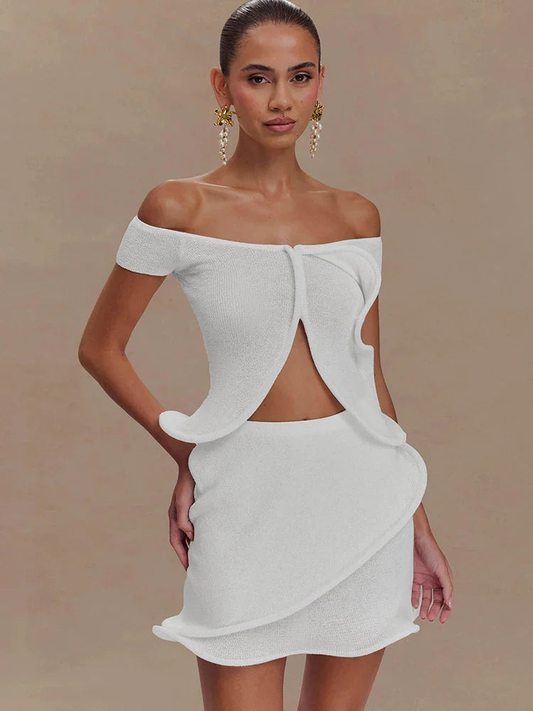Off Shoulder Split Crop Top and Trim Mini Skirts