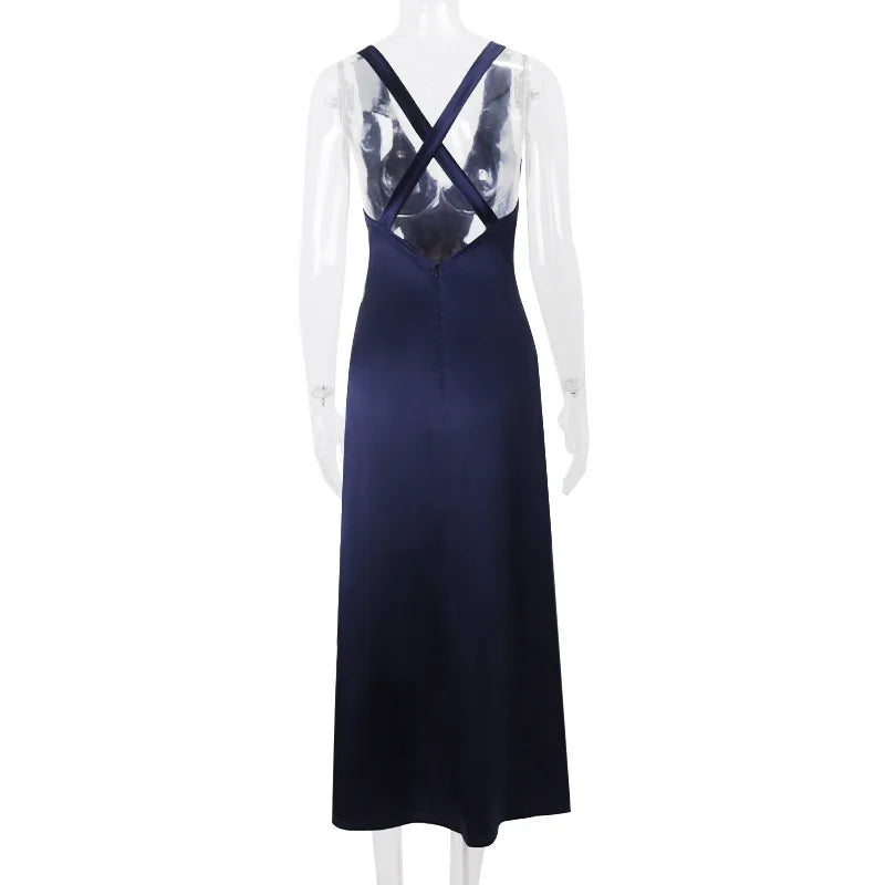 Blue Satin Maxi Dress with Lace Trim