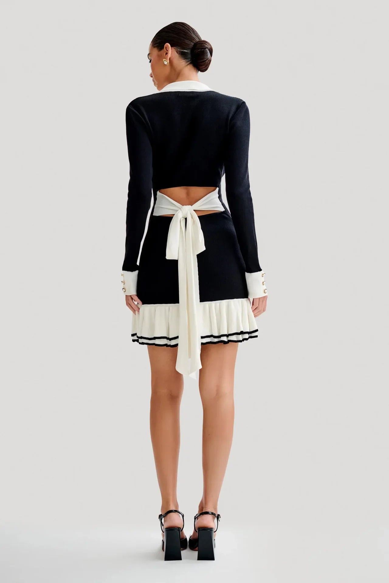 Ruffled Contrast Bow Open Back Lace-Up Knit Mini Dress