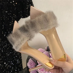 Faux Fur Open Toe Thin High Heels Sandals
