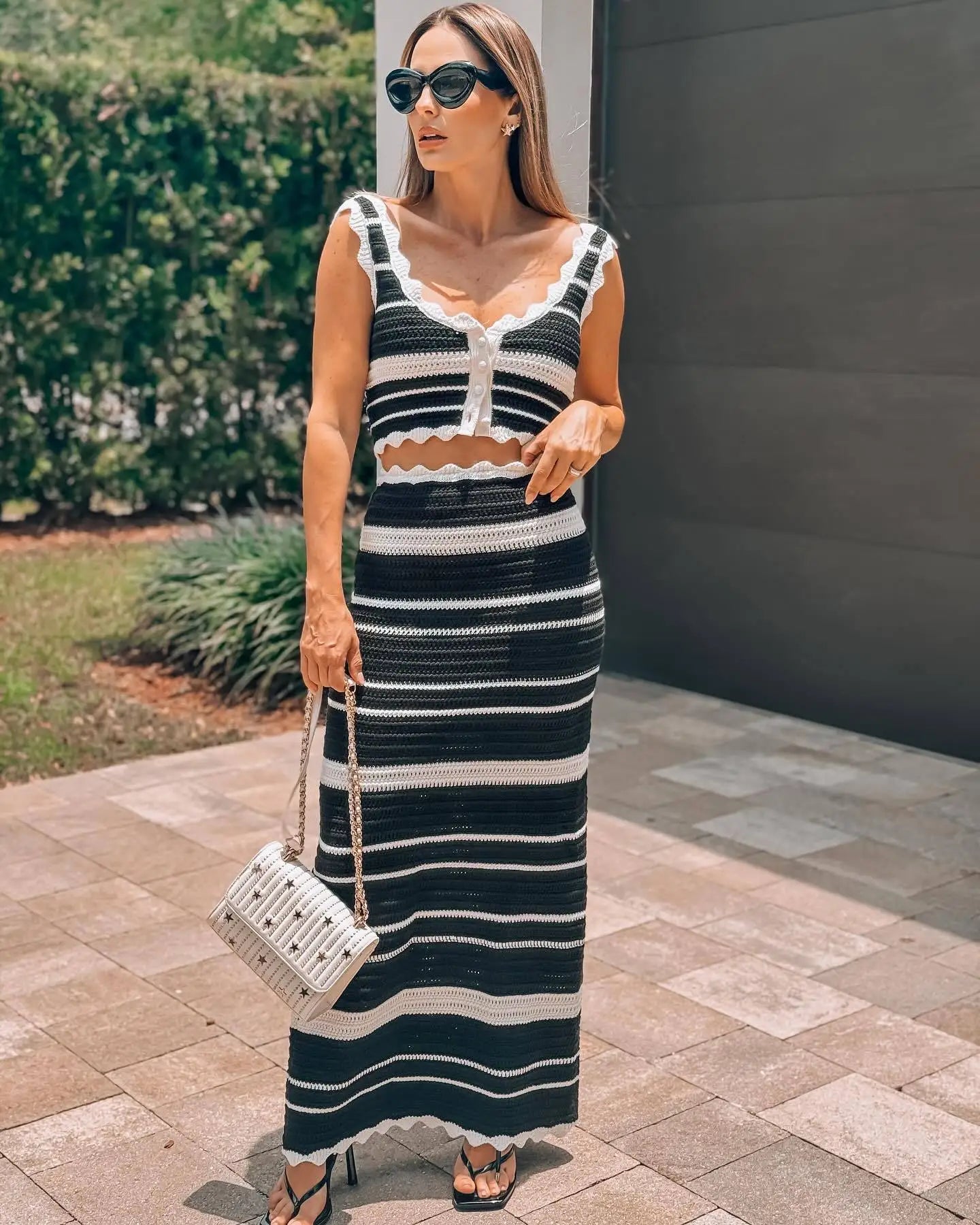 Striped Contrast Knitted Top and Long Skirt Set