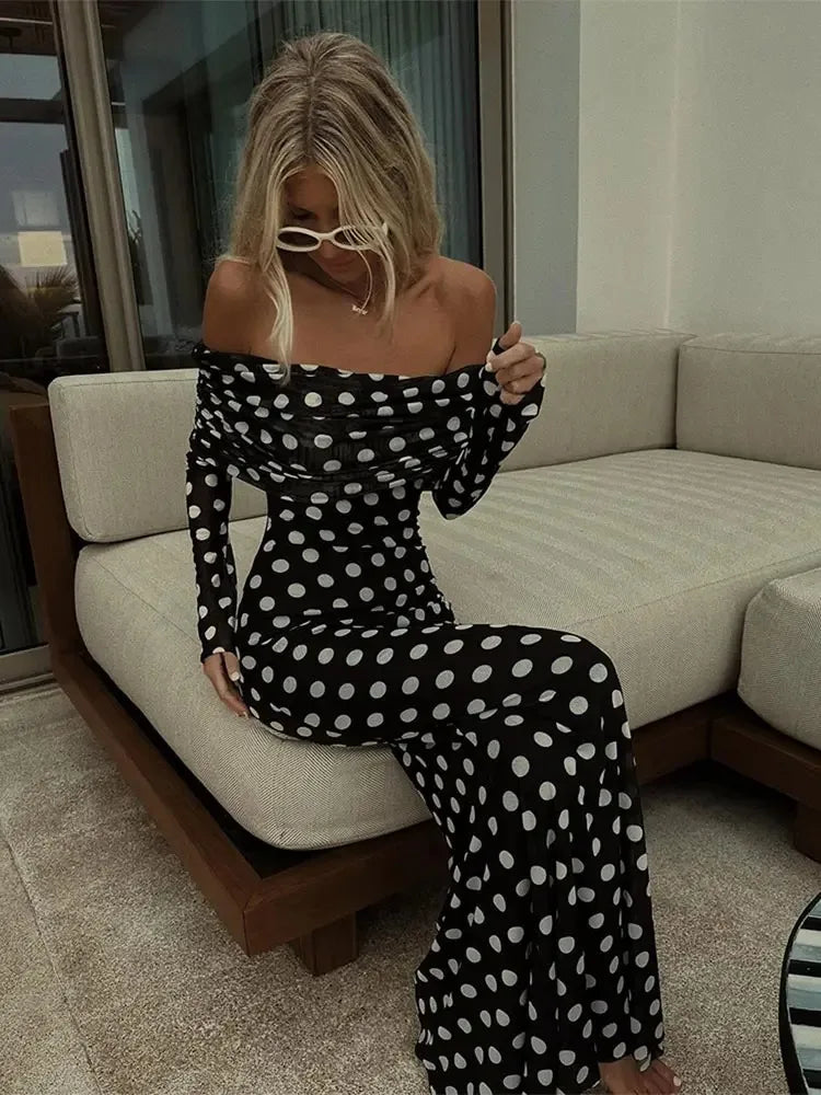 Polka Dots Off Shoulder Long Sleeves Maxi Dress