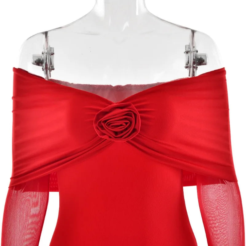 3D Flower-appliqué Mesh Long Sleeve Fishtail Maxi Dress