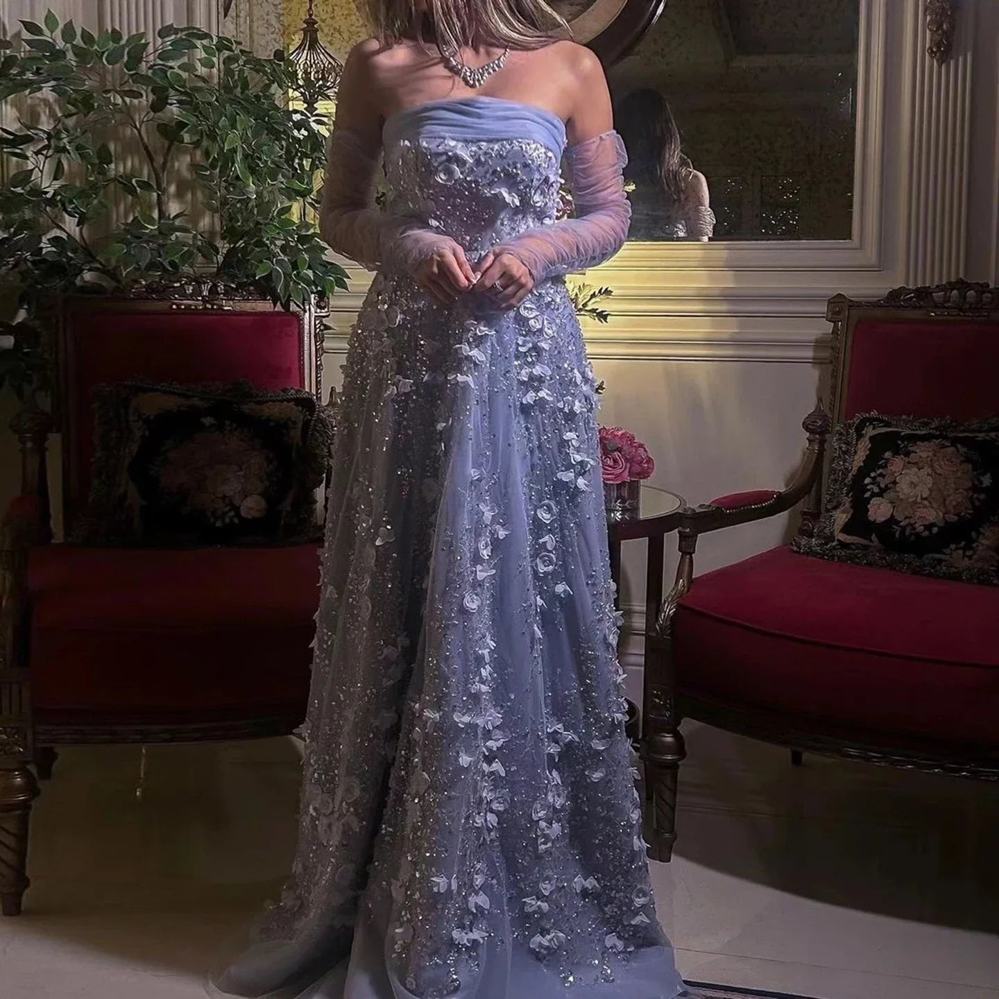 3D Flowers Strapless Evening Dress with Long Sleeves