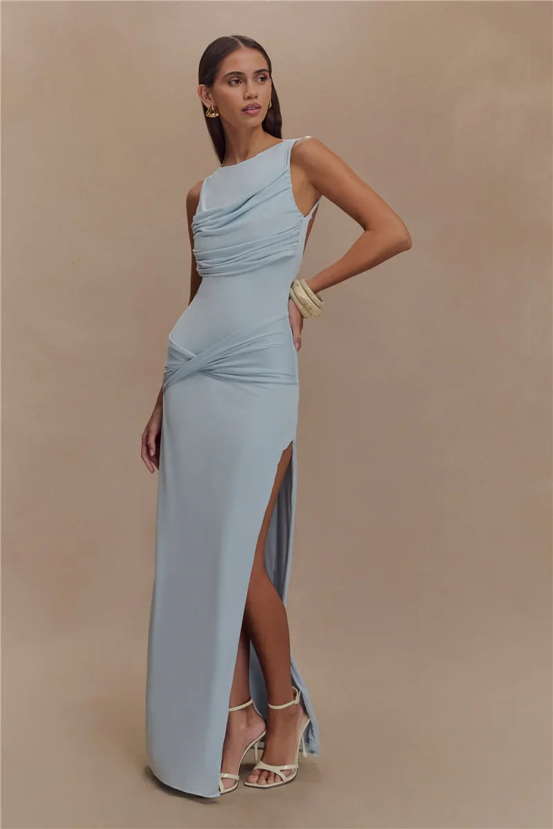 Backless Ruched O Neck Thigh High Split Long Dress
