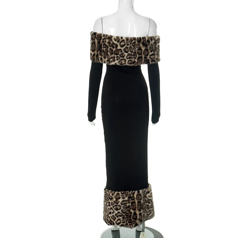 Leopard Print Fluff Splicing Maxi Dress