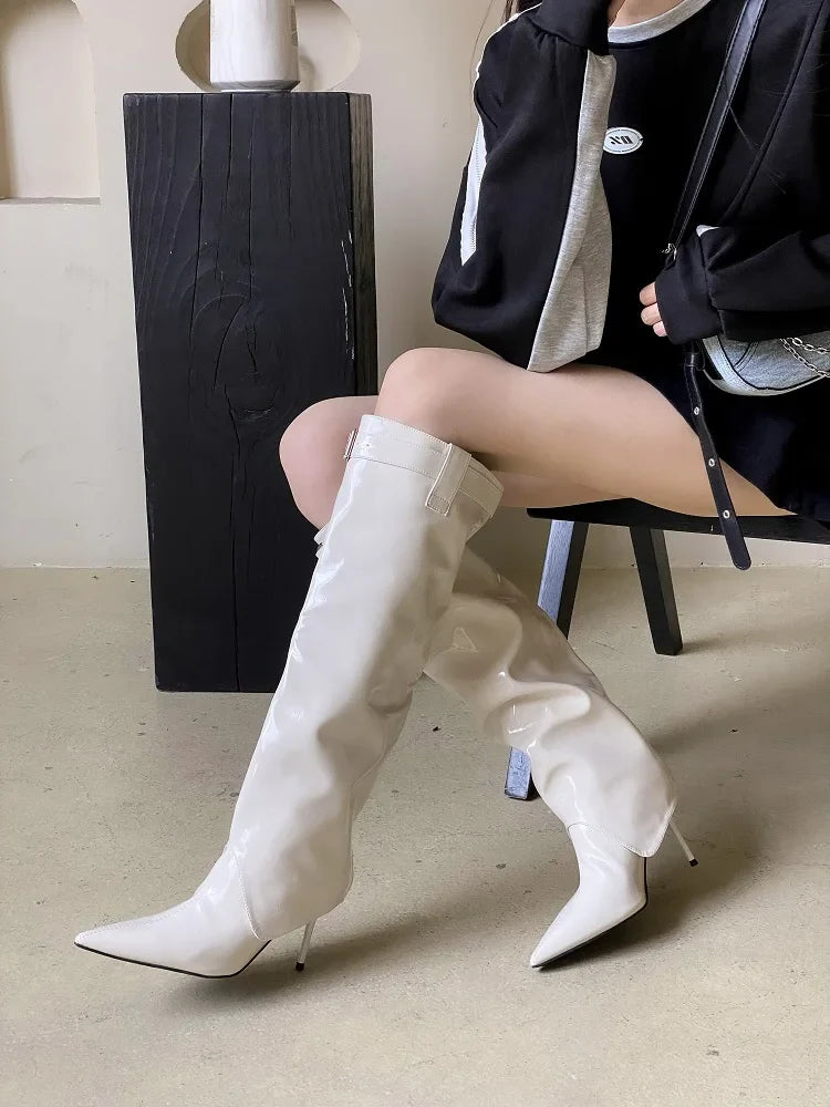 Patent Leather Knee-High Boots Pointed Toe Shoes