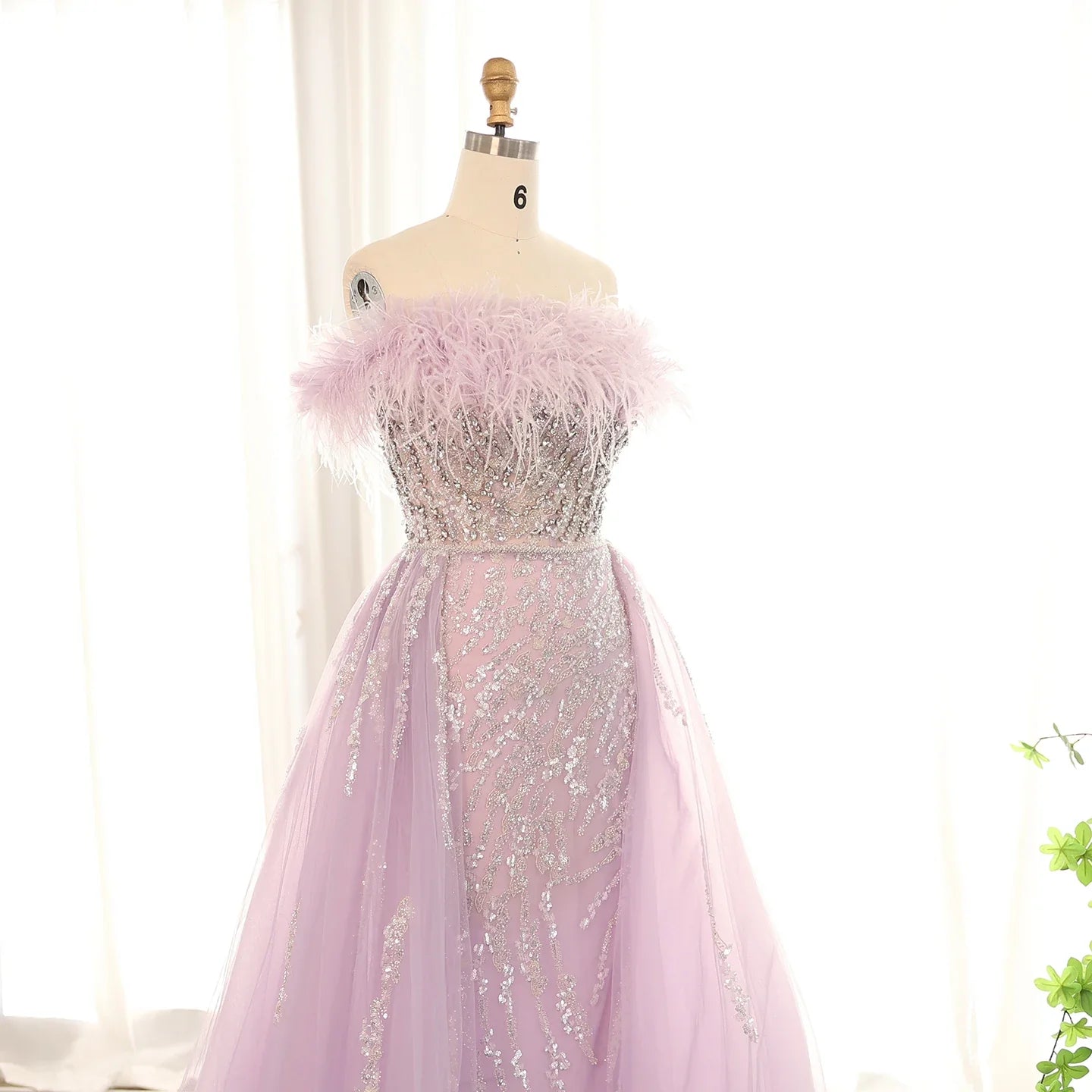 Feathers Off-shoulder Side Slit Overskirt Party Dress