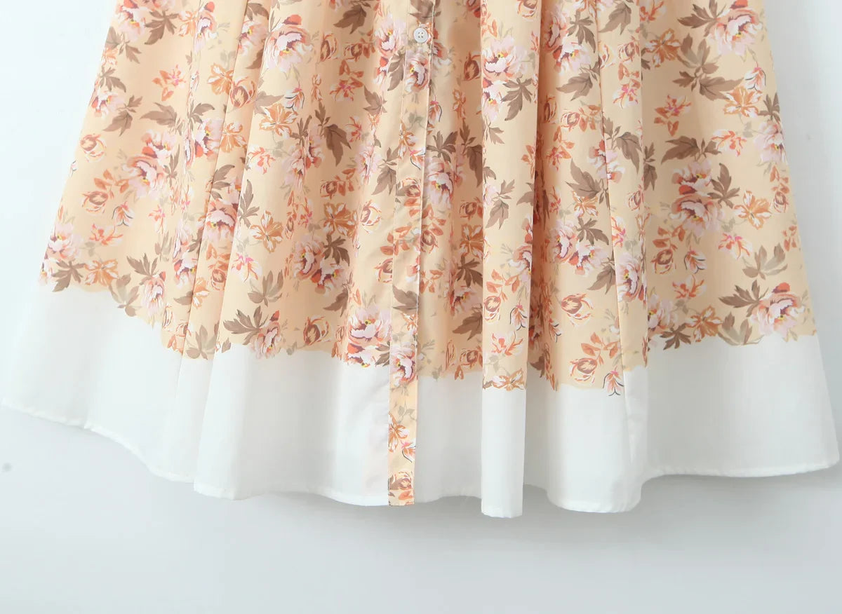 Slash Collar Flower Print Corset Style Pleated Midi Dress