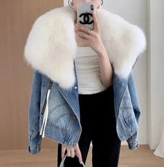 Denim Blue Fur Collar Cotton-Padded Jacket