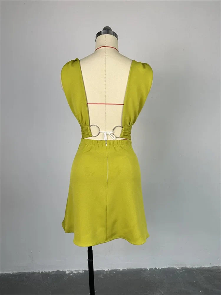 Women V Neck Solid Sleeveless Knot Mini Dress