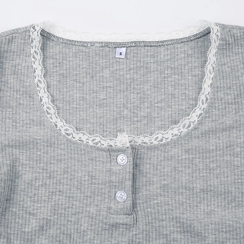 Basic Lace Spliced Buttons Crop Top