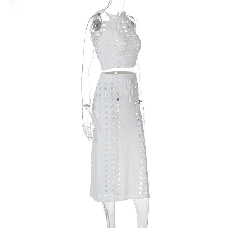 Hollow Out Knitted Top Lace Up Split Long Skirt Suit