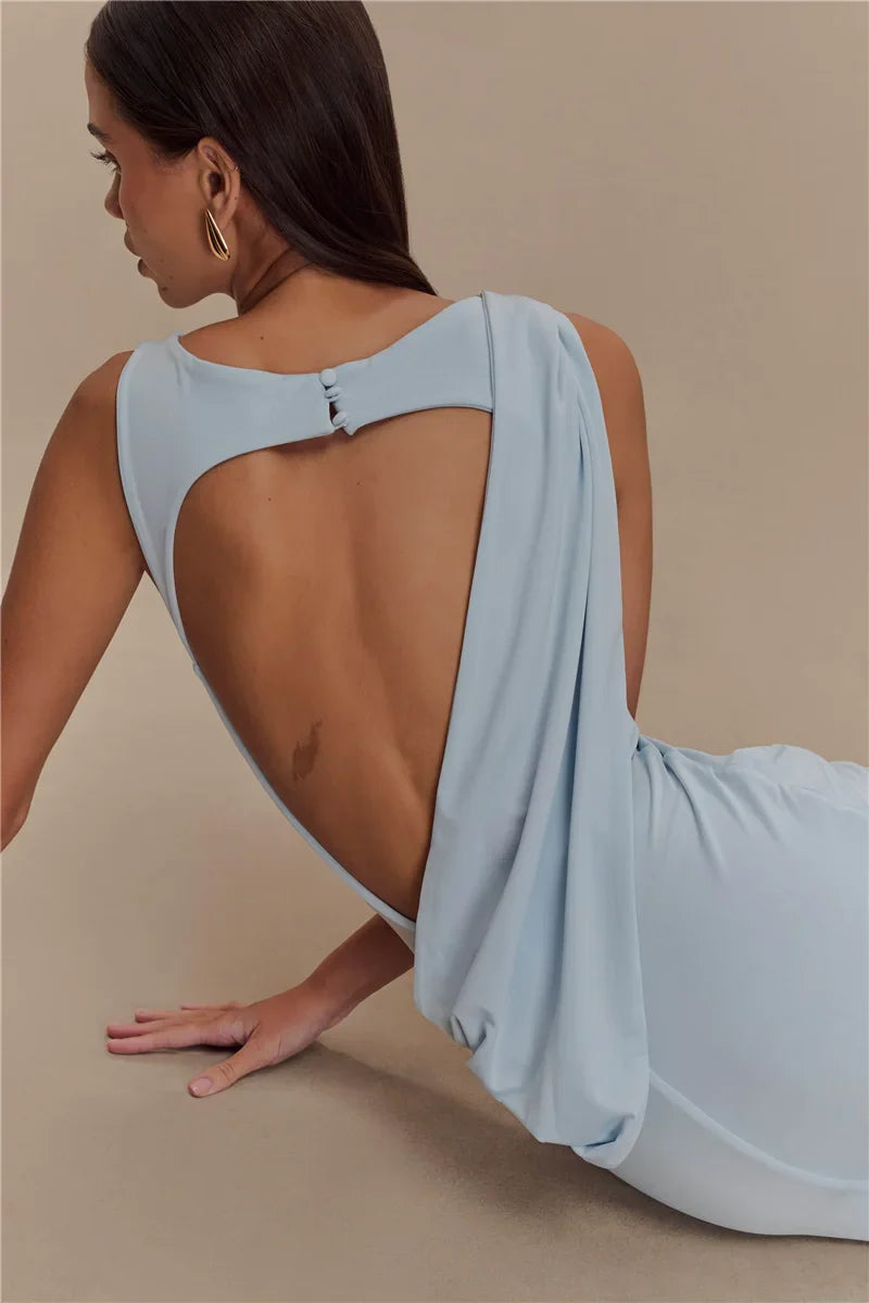 Backless Ruched O Neck Thigh High Split Long Dress