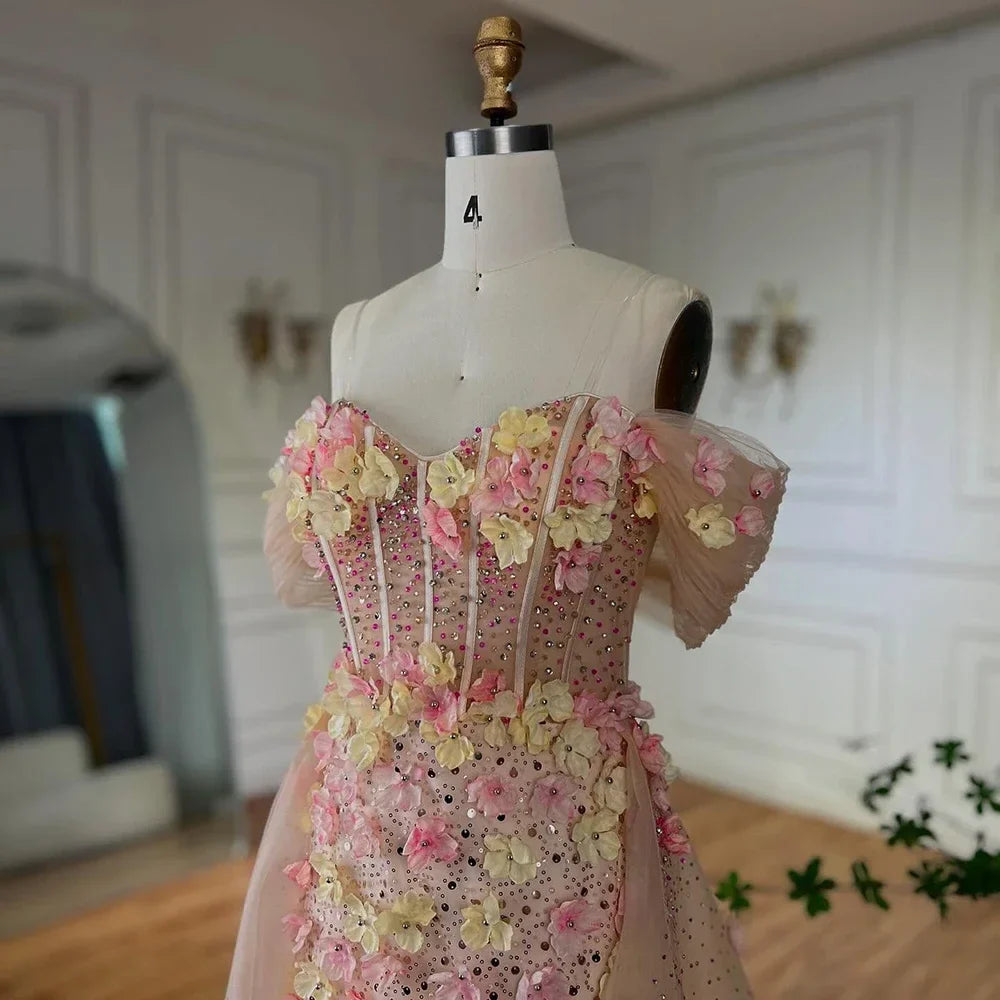Beaded Off-shoulder Evening Gown with Overskirt
