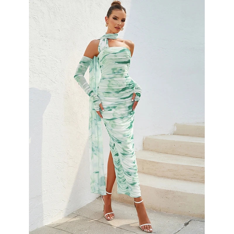 Halter Open Shoulder Printed Lace Fold Midi Dress