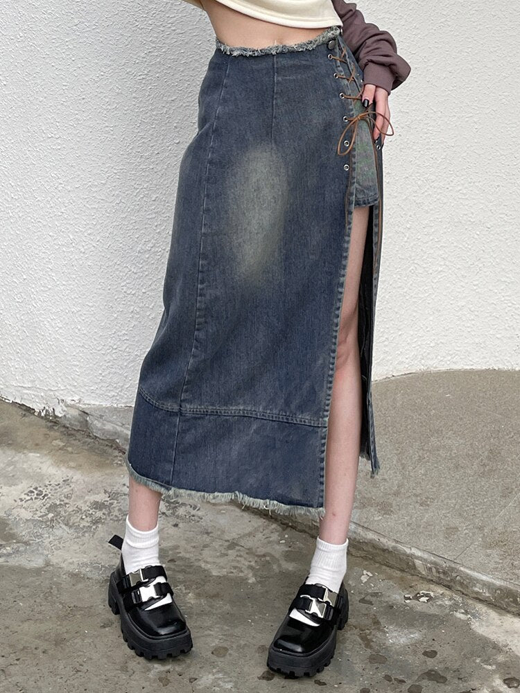 Asymmetrical Lace Side Split Denim Long Skirt