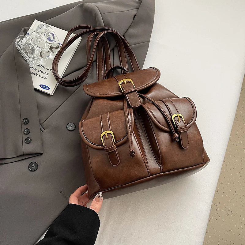 Small Double Pockets PU Leather Backpacks