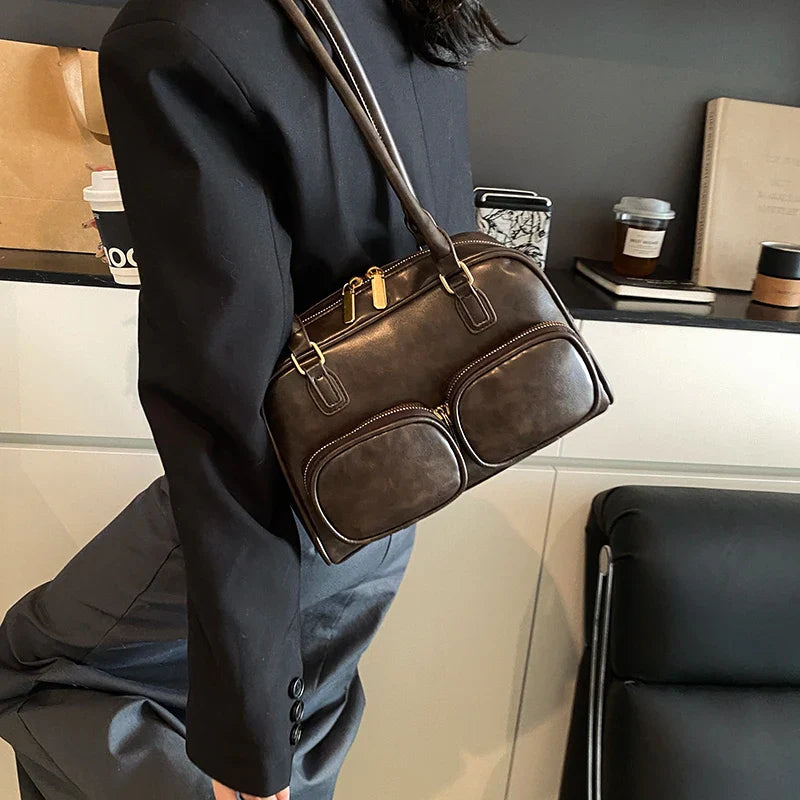 Faux Leather Double Pockets Underarm Bags