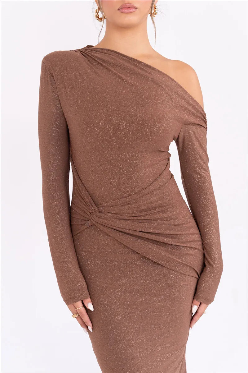 Long Sleeve Inclined Shoulder Maxi Dress