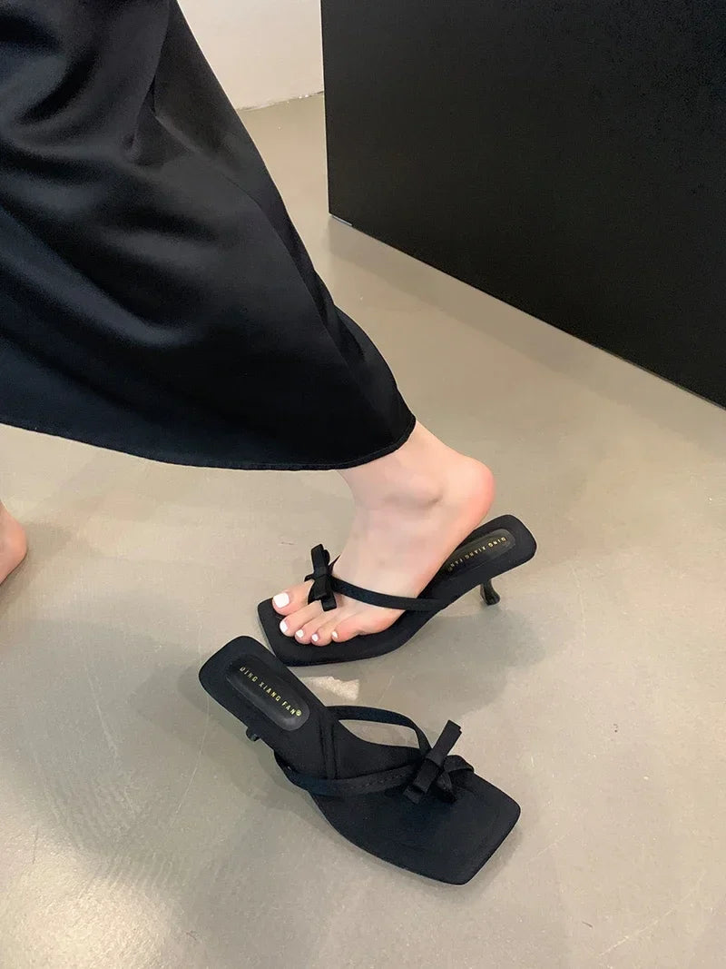 Satin Butterfly-knot Clip Toe Thin Low Heels Slides Shoes