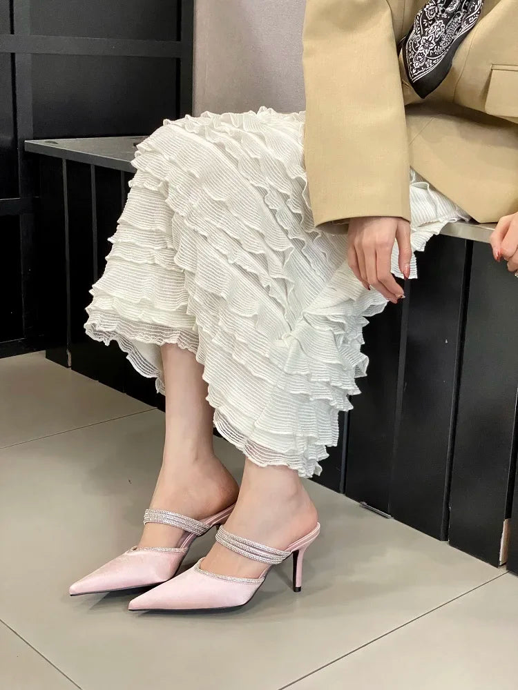 Crystal Narrow Band Pointed Toe Thin Low Heeled Shoes