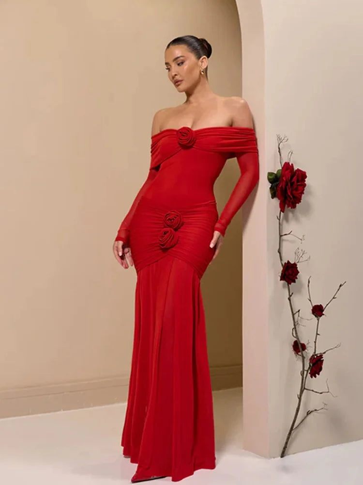 3D Flower-appliqué Mesh Long Sleeve Fishtail Maxi Dress