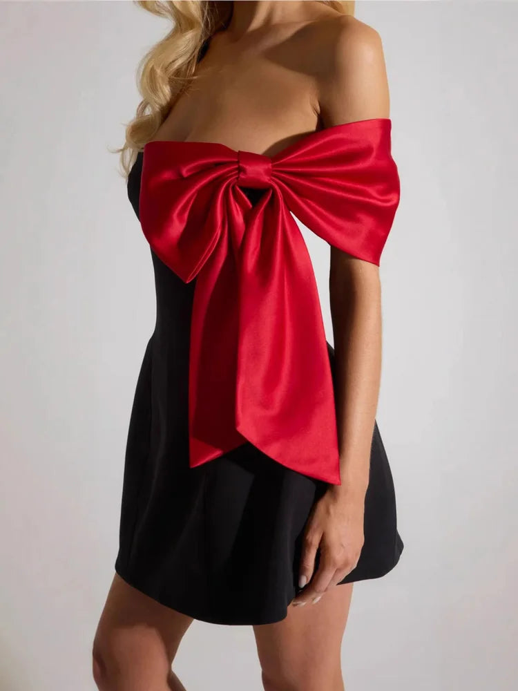 Tee Bow Bandage High Waist Zipper Mini Dress