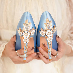 Metal Flowers Heel Crystal Pointed Soft Silk Shoes