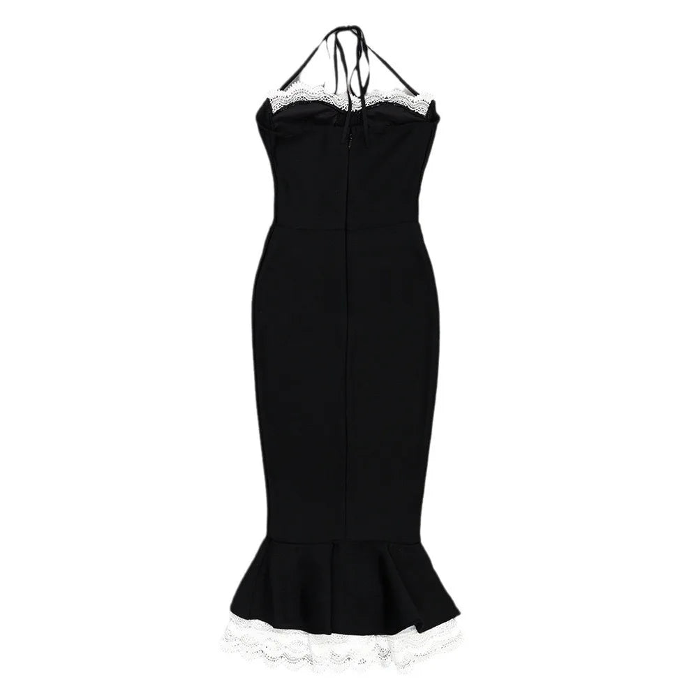 Black Lace Trumpet Spaghetti Strap Midi Dress