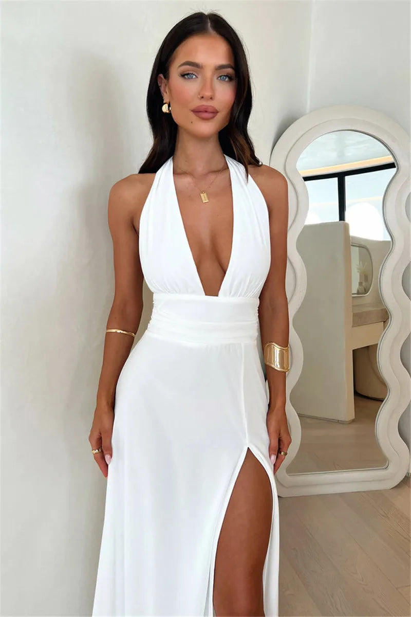 Halter Deep V Neck High Split Maxi Dress For Women