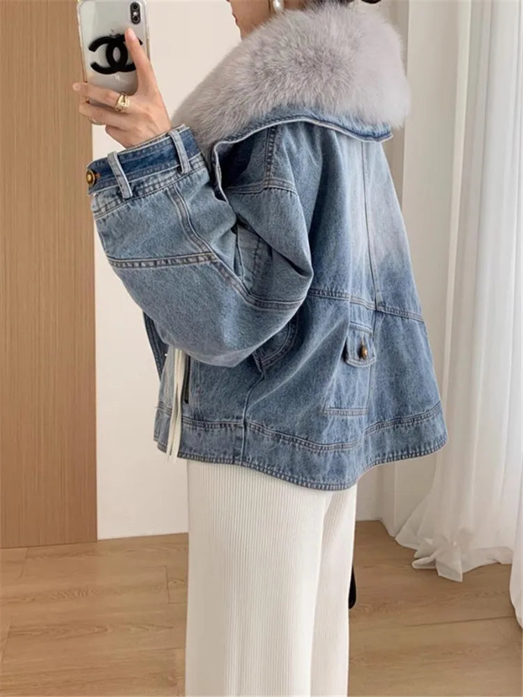 Denim Blue Fur Collar Cotton-Padded Jacket