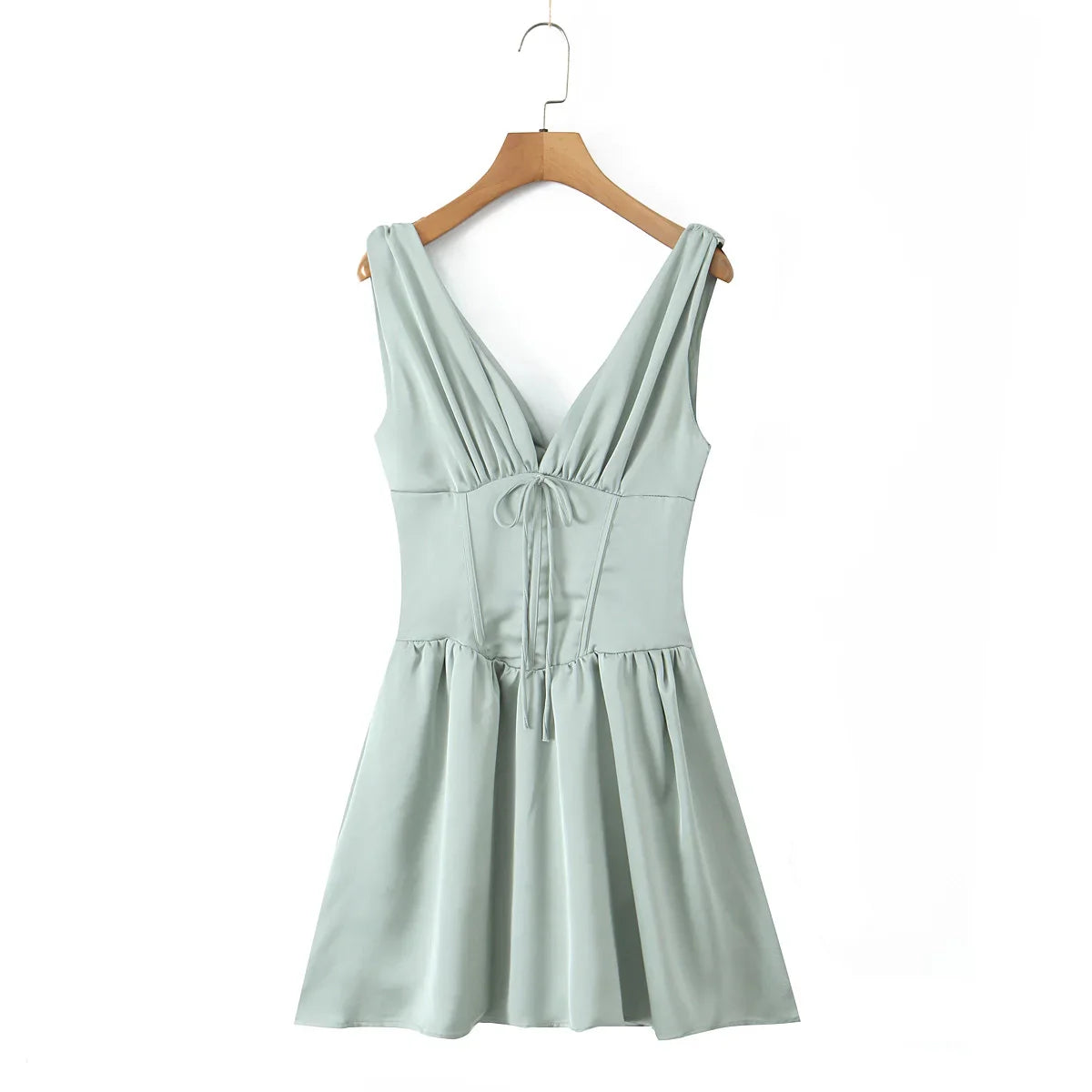 Stain Pleated Ruched Strap Bow Folds Hem Mini Dress