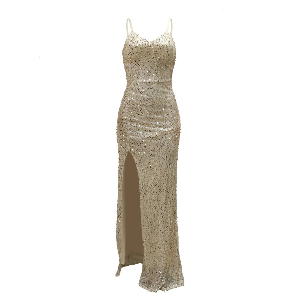 Sequined High Side Split Mermaid Maxi Dress
