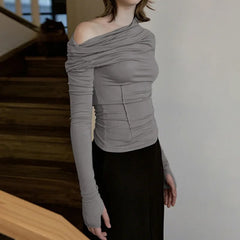 Basic Grey Stand Collar Long Sleeve Top