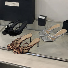 Leopard Narrow Band Thin Low Heels Sandals