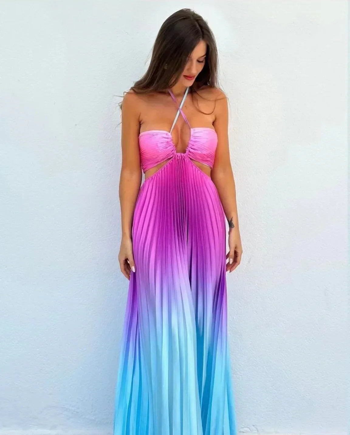 Satin Gradient Pleated Sleeveless Maxi Dress
