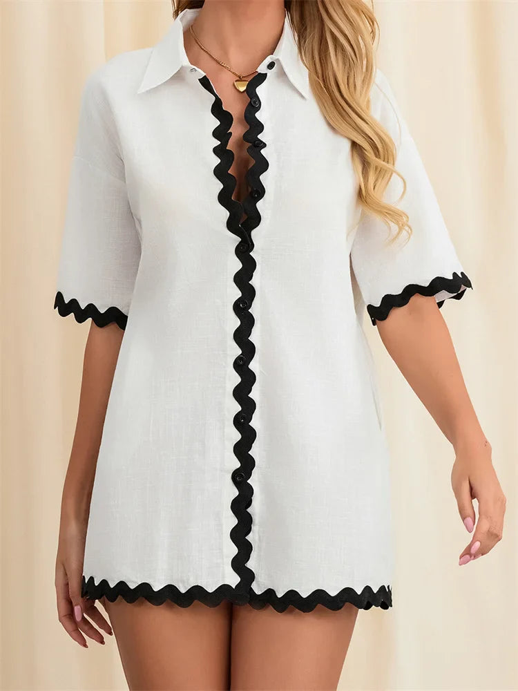 Contrast Short Sleeve Turn-Down Collar Mini Dress