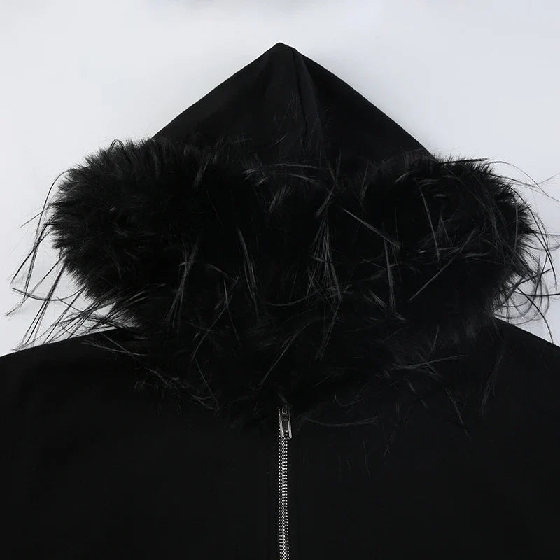 Basic Loose Faux Fur Trim Collar Hoodie