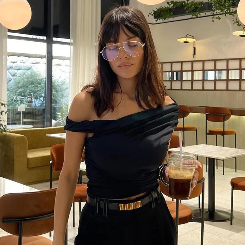 Diagonal Collar One Shoulder Asymmetrical Crop Tops