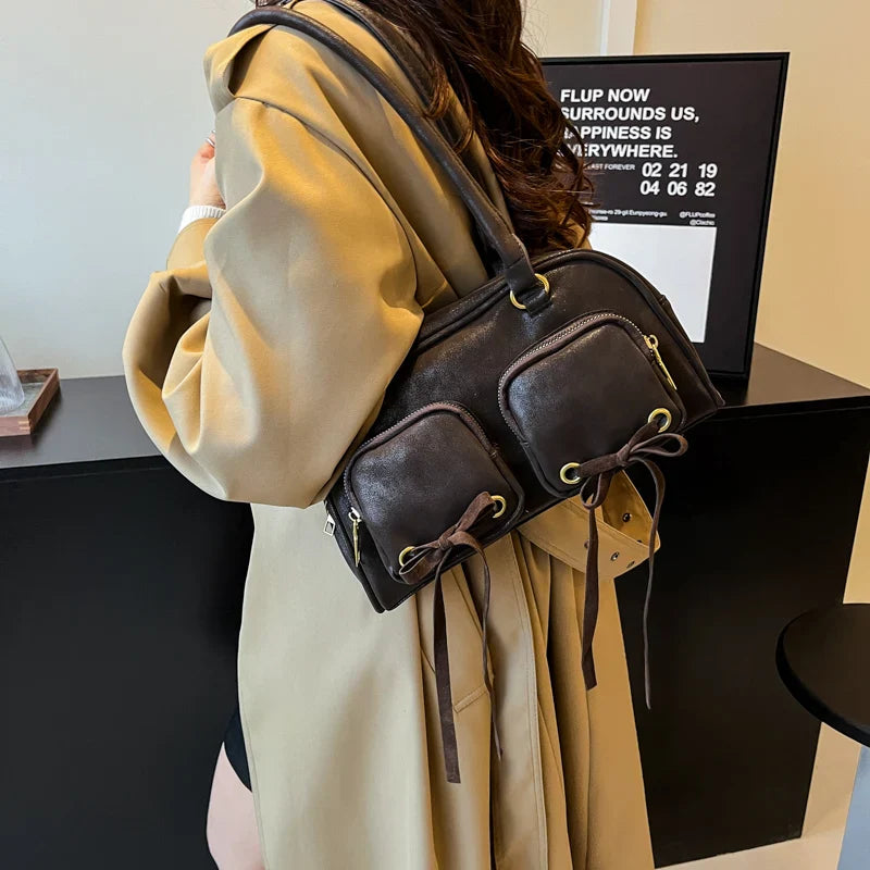 Bow Design Double Pockets Baguette Bag