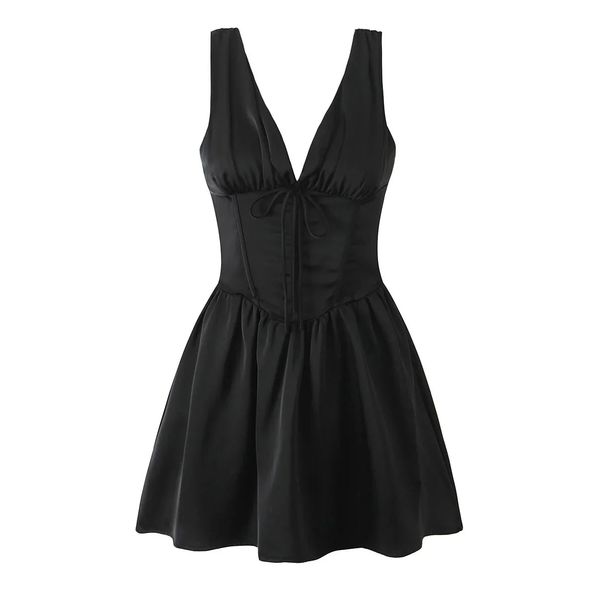 Stain Pleated Ruched Strap Bow Folds Hem Mini Dress