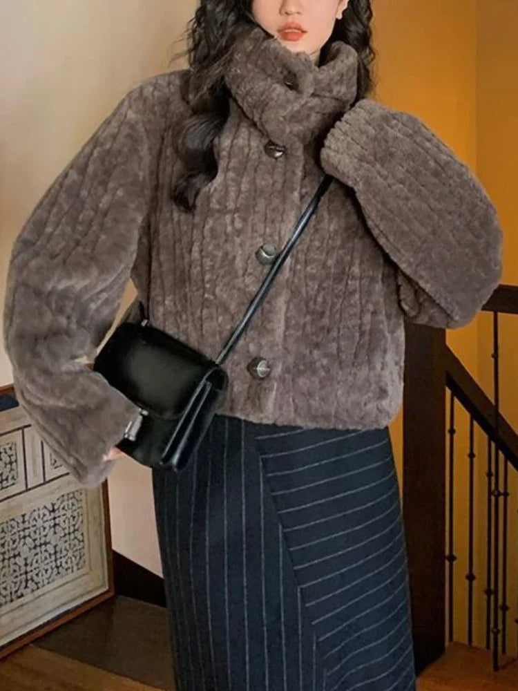 Cropped Faux Buttoned Fur Coat