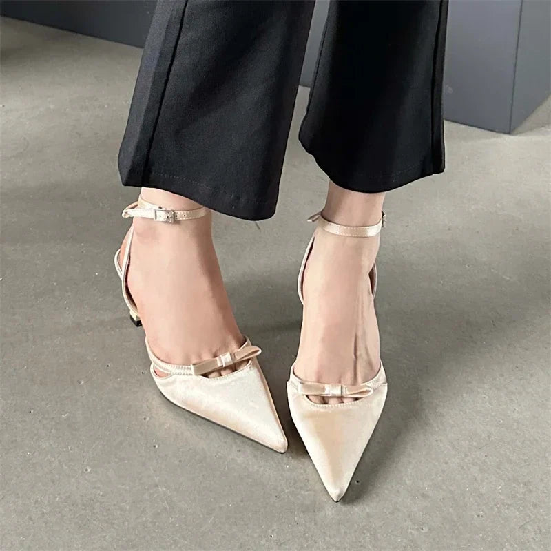 Bowknot Ankle Strap Heels Pointed Toe Mules