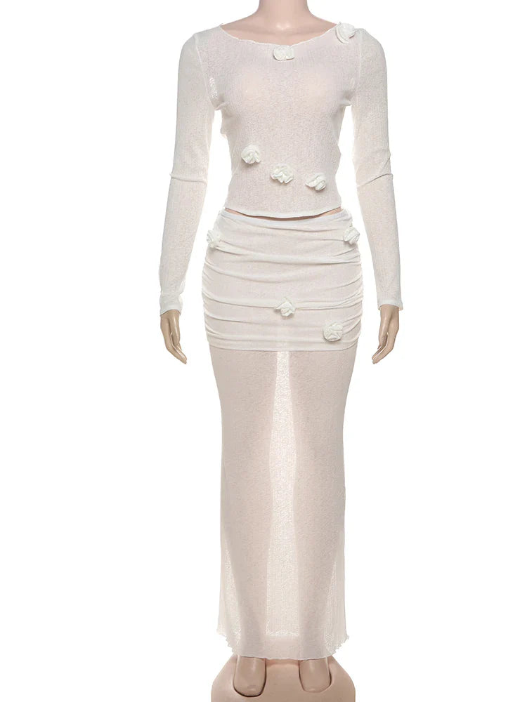 Appliques Sheer Full Sleeves Top and Long Skirt Suit