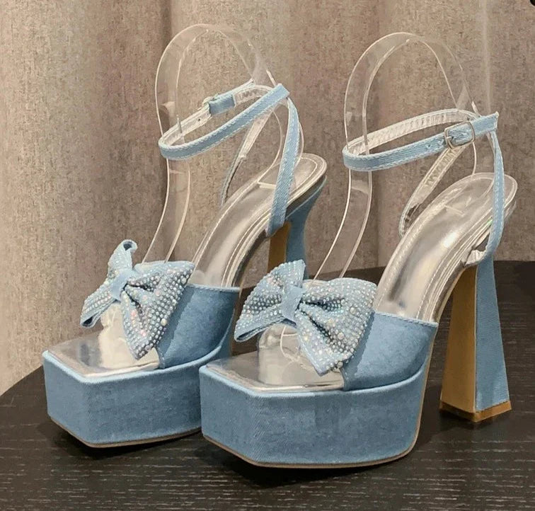 Denim Square Toe Butterfly-Knot Platform Chain Buckle Strap Shoes