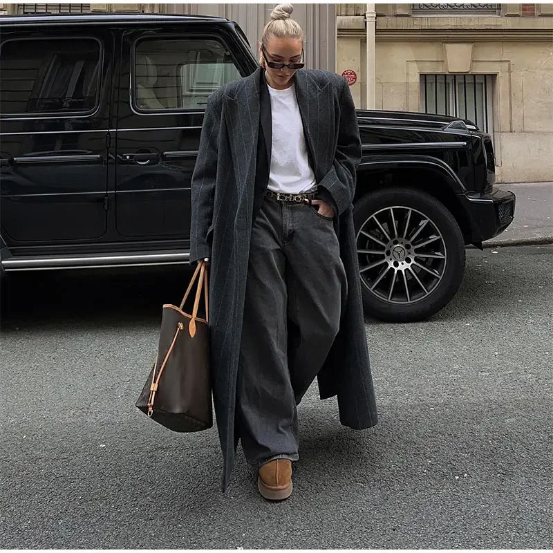 Lapel Striped Oversize Full Sleeve Long Coat